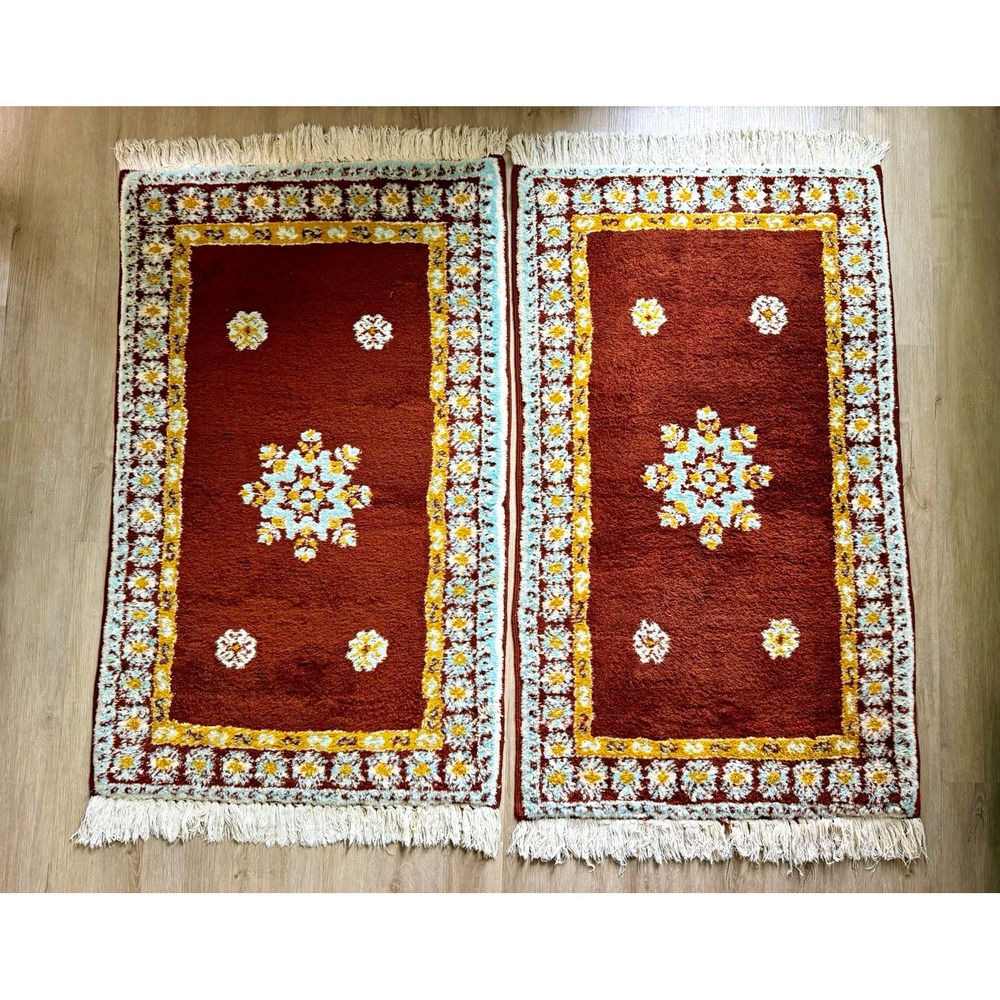 Vintage 1974 Moroccan Rabat Wool Rugs Matching Pair 3x5 Handmade Artisan